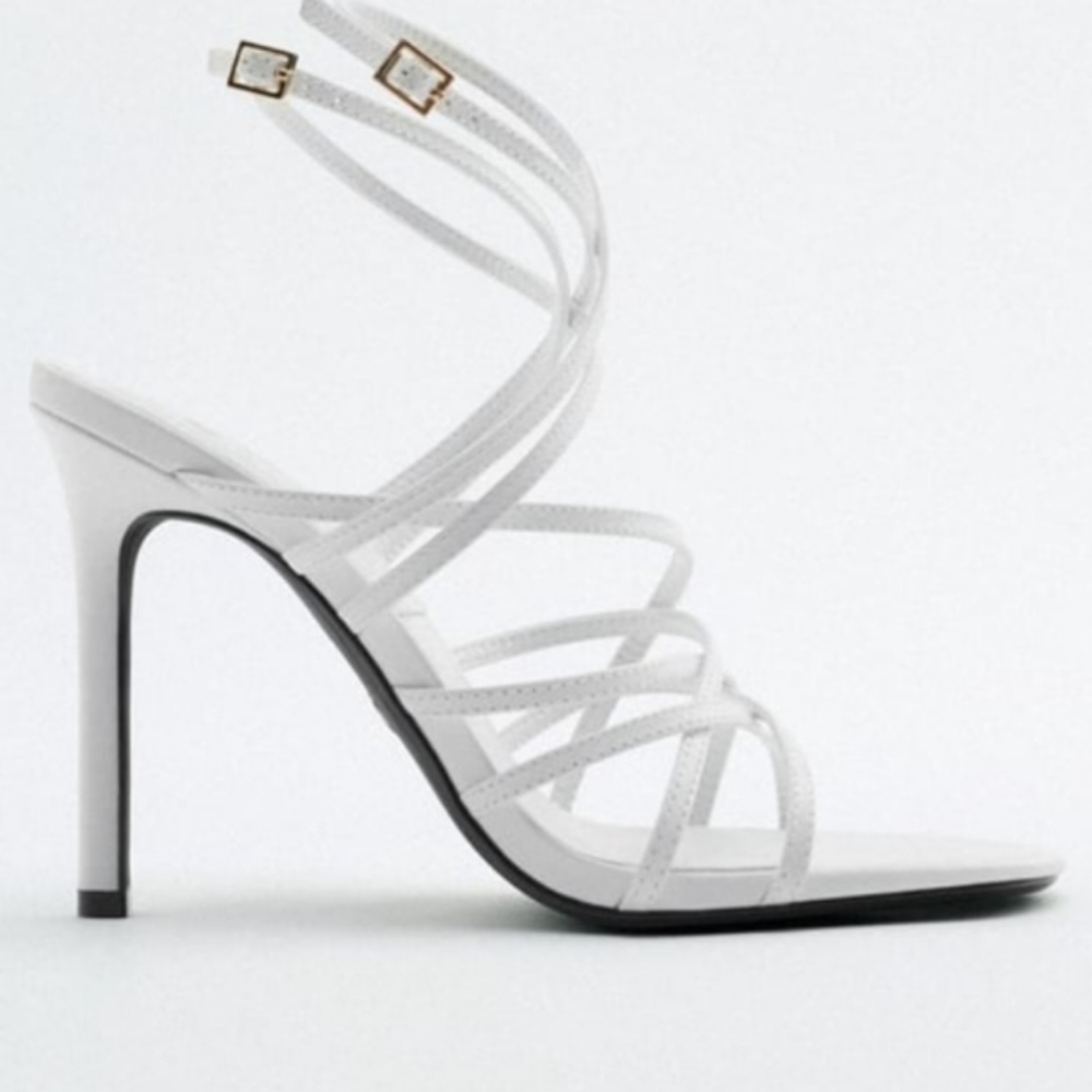 Zara high heel leather sandals white crossed thin strap Buckles